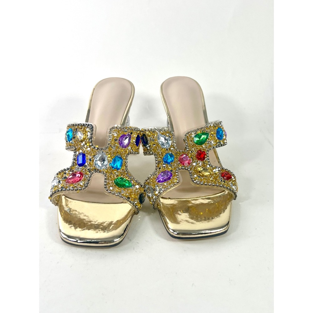 Gold Metallic Rhinestone‎ Jewel H-Band Slide Sandals Clear Crystal Heel Mules
